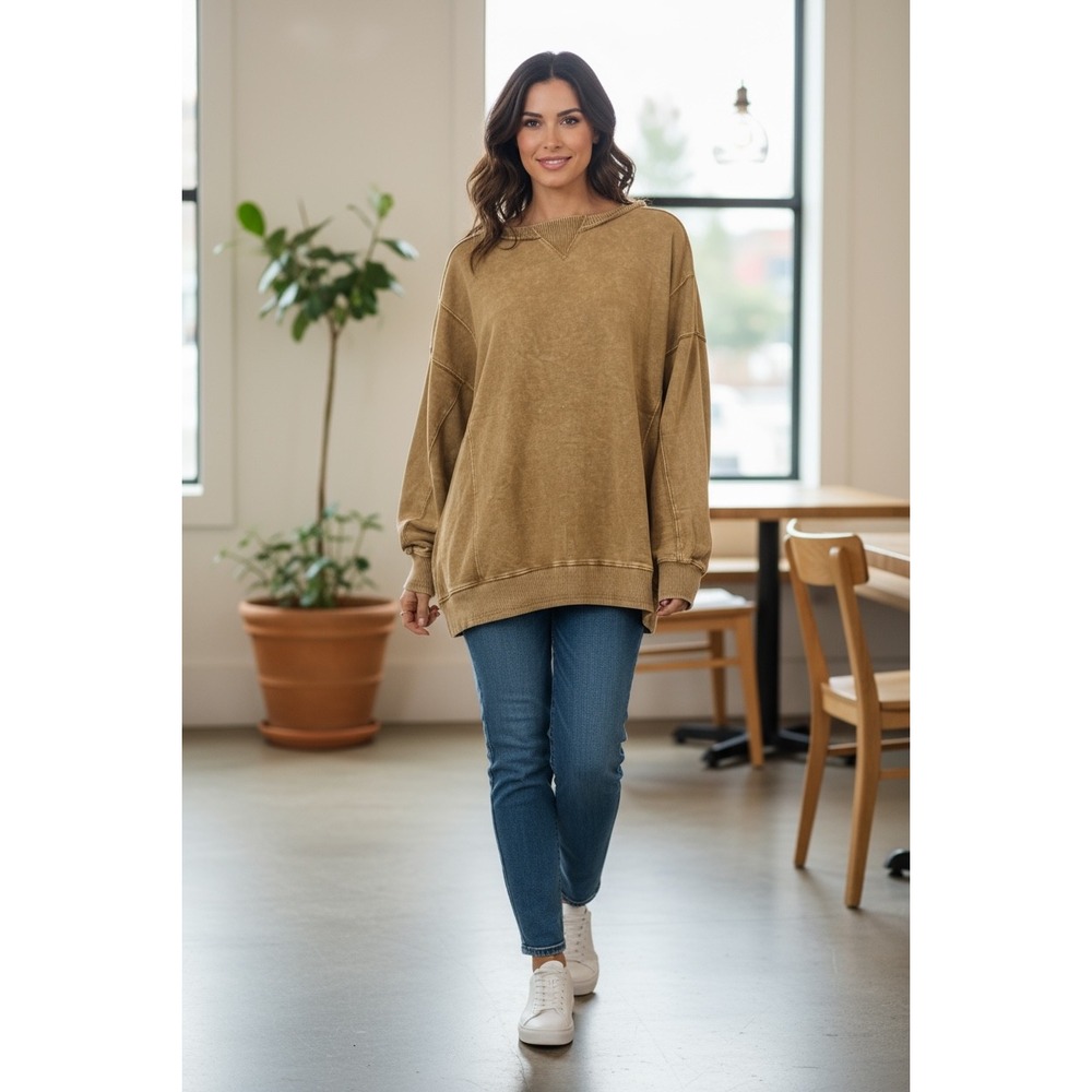 Zenana Washed Distressed V Neck Long Sleeve Oversized Sweatshirt Top LXL‎